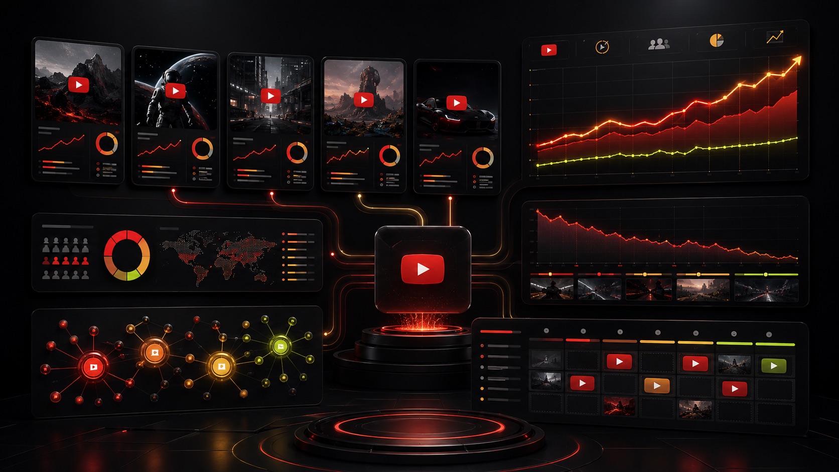 YouTube içerik panosu, video kuyruğu ve performans akışını gösteren görsel